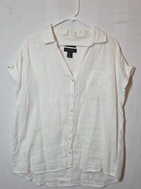 Tahari Shirt Women XL White Short-Sleeve 100% Linen 24.5" PTP